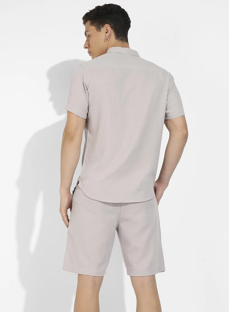 CAHOOT  Men's Beige Basic Textured Co-Ord Set For Casual Wear | Spread Collar | Short Sleeve | Button Closure | Cotton Co-Ords Crafted With Comfort Fit For Everyday Wear for Men | Best Price UAE
